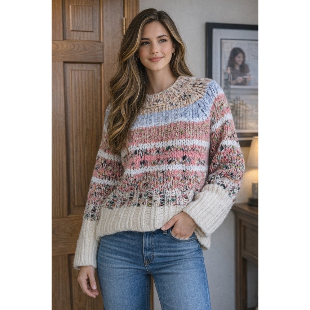 Anthropologie Chunky Knit Striped Sweater Wool Alpaca Blend Pink Blue XS